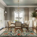 Elegant living room featuring a vintage floral hand tufted area rug, crafted from wool. This exquisite floral rug adds a touch of charm and warmth, perfect for enhancing the ambiance of any living room or bedroom. The colorful floral patterns on the vintage rug complement the wooden dining set, creating a cozy and inviting atmosphere.