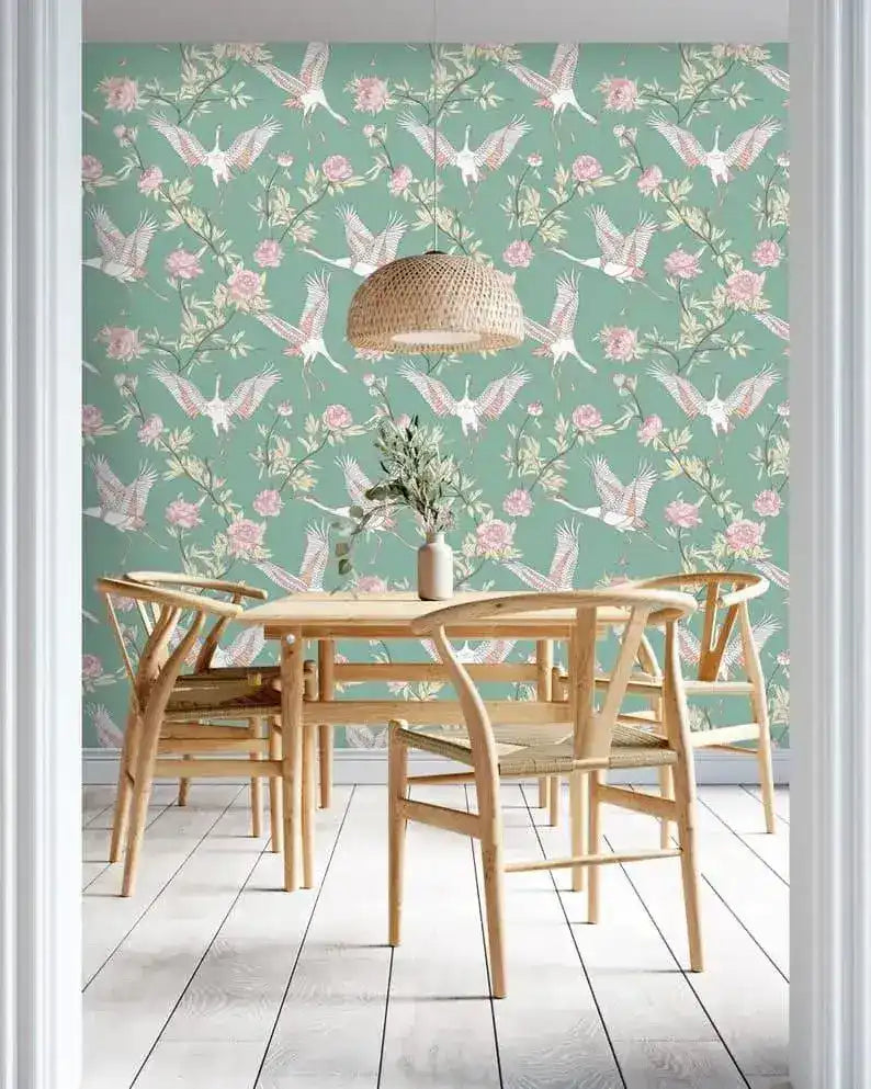 Vintage Flying Herons and Floral Wallpaper