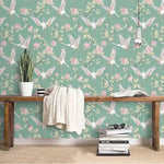 Vintage Flying Herons and Floral Wallpaper