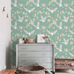 Vintage Flying Herons and Floral Wallpaper