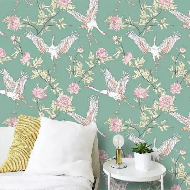 Vintage Flying Herons and Floral Wallpaper