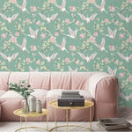 Vintage Flying Herons and Floral Wallpaper
