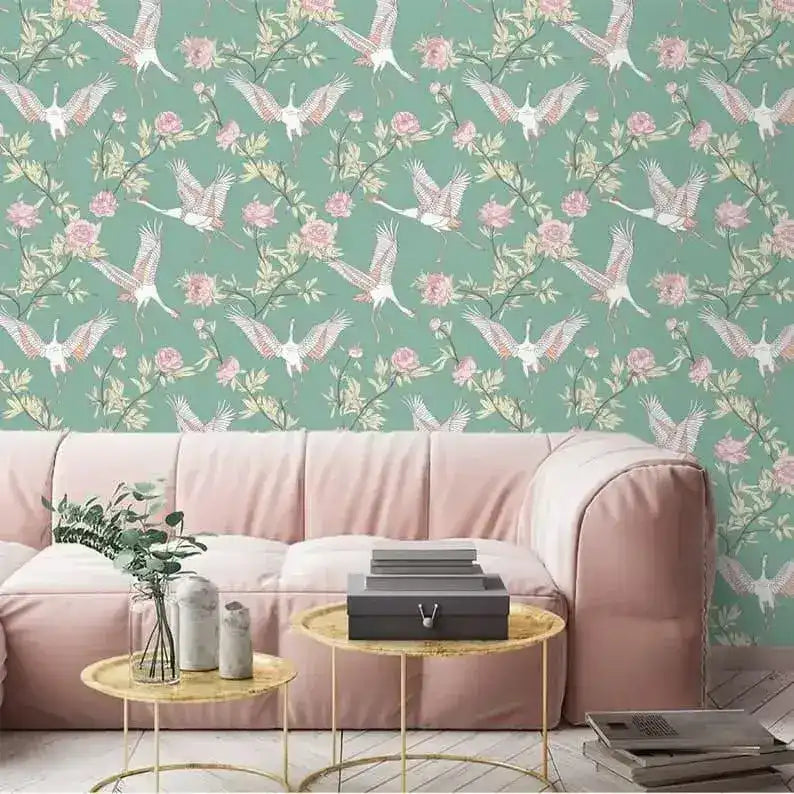 Vintage Flying Herons and Floral Wallpaper