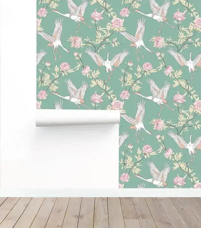 Vintage Flying Herons and Floral Wallpaper