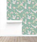 Vintage Flying Herons and Floral Wallpaper