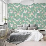 Vintage Flying Herons and Floral Wallpaper