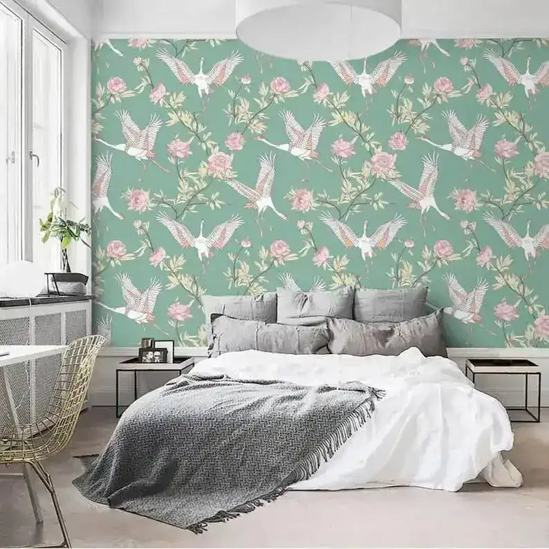 Vintage Flying Herons and Floral Wallpaper