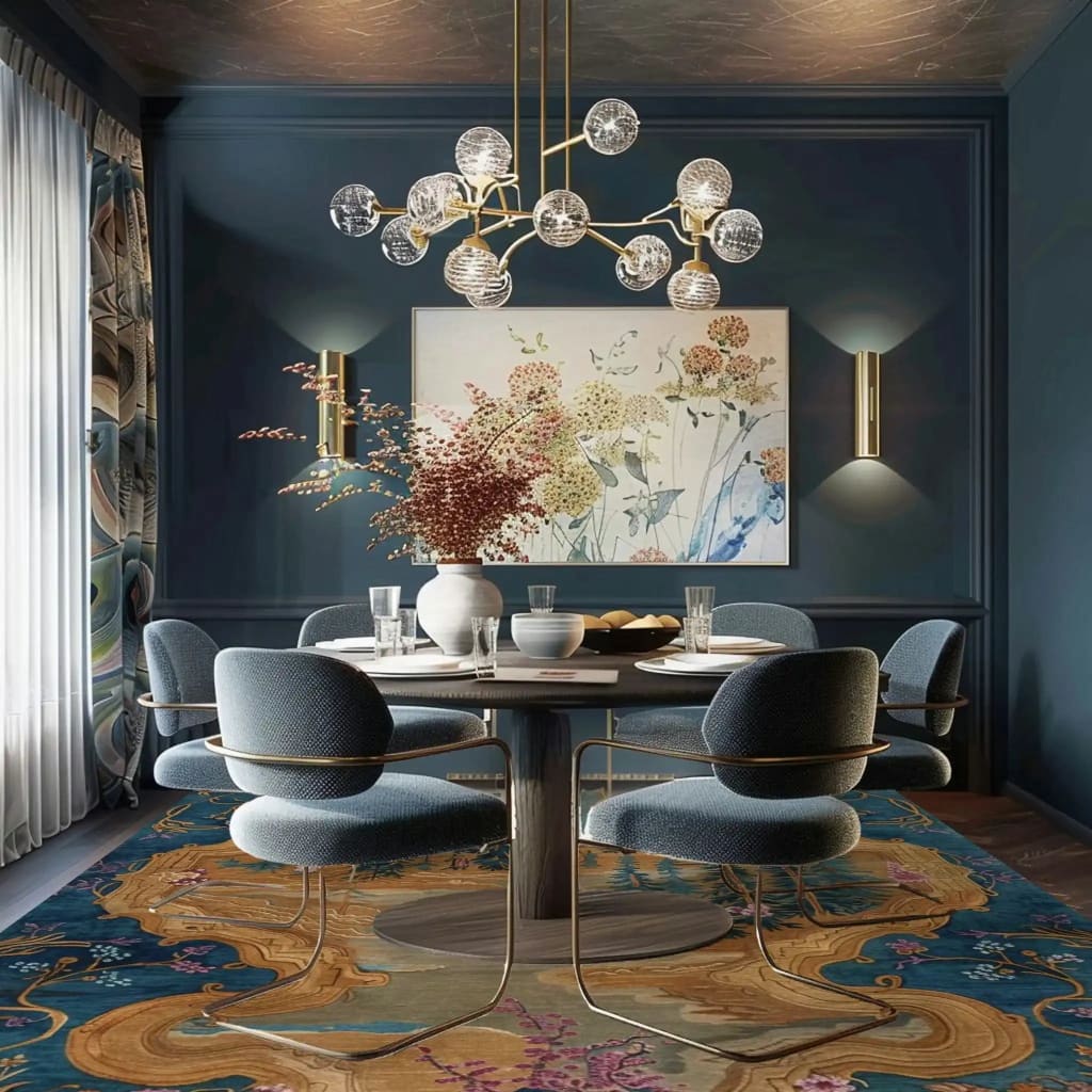 A beautifully styled dining room featuring a Vintage Frame Hand Tufted Area Rug under a round dining table. The large vintage rug showcases intricate patterns in warm tones, perfectly complementing the elegant blue dining chairs and modern chandelier. This wool rug adds a touch of sophistication to the dining room, making it an ideal choice for dining room carpets and large area rugs.