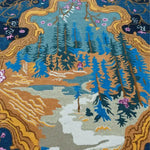 Top view of a vibrant Vintage Frame Hand Tufted Area Rug, showcasing an intricate design with rich colors including blue, brown, and gold. Perfect as a dining table rug in a dining room, this wool rug features abstract patterns reminiscent of nature, making it a stunning addition to large area rugs and dining room carpets.
