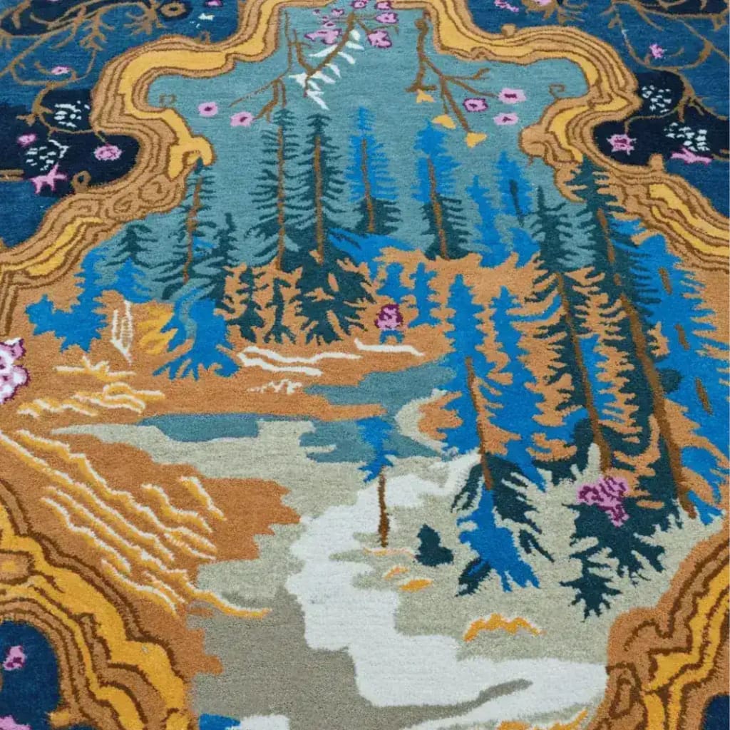 Top view of a vibrant Vintage Frame Hand Tufted Area Rug, showcasing an intricate design with rich colors including blue, brown, and gold. Perfect as a dining table rug in a dining room, this wool rug features abstract patterns reminiscent of nature, making it a stunning addition to large area rugs and dining room carpets.