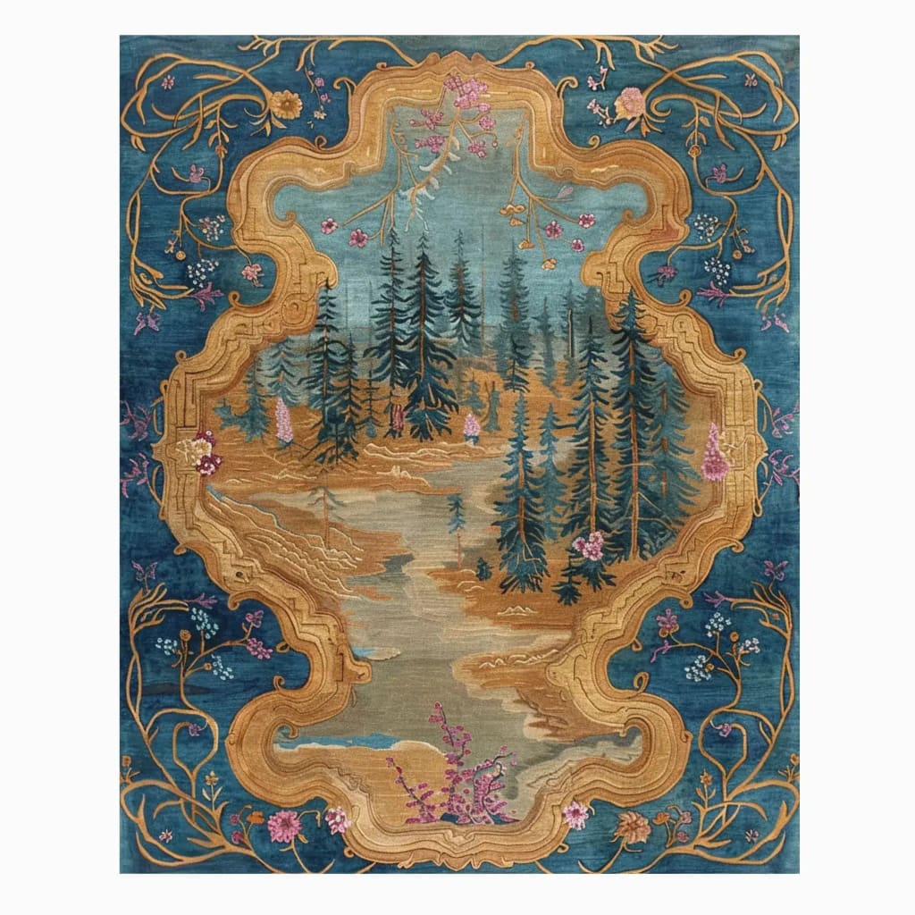 A beautifully detailed vintage frame hand tufted area rug featuring a scenic forest design with intricate floral patterns, perfect for a dining room setting. This wool rug captures the essence of a classic dining table rug, blending elegance and warmth into any space. Ideal as dining room carpets or large area rugs, this vintage rug adds a timeless charm.