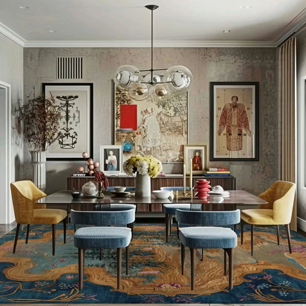 A beautifully styled dining room featuring a Vintage Frame Hand Tufted Rug. This area rug serves as a striking dining table rug, complementing the elegant decor with its intricate vintage patterns. The wool rug adds warmth and texture, making it a perfect addition to dining room carpets. The large area rug enhances the room's ambiance, blending seamlessly with the classic art and modern furniture, embodying the essence of a vintage rug.