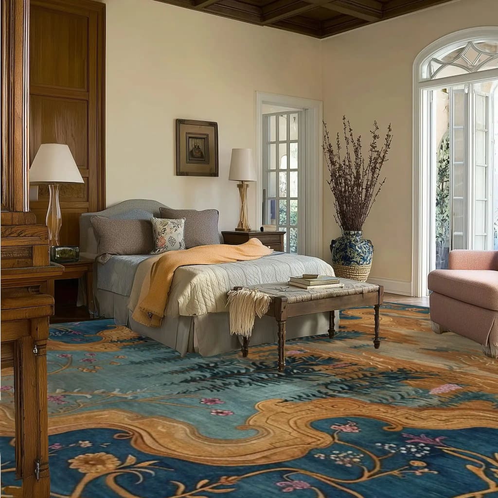 A beautifully styled bedroom featuring a Vintage Frame Hand Tufted Area Rug. The large area rug, with its intricate vintage design, complements the elegant dining room setting. Made of high-quality wool, this dining table rug adds a touch of sophistication and warmth, perfect for enhancing dining room carpets with its classic charm.