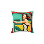 Vintage glamour-themed throw pillow featuring a stylish woman with retro colors and patterns, perfect for adding a touch of elegance to your home decor.