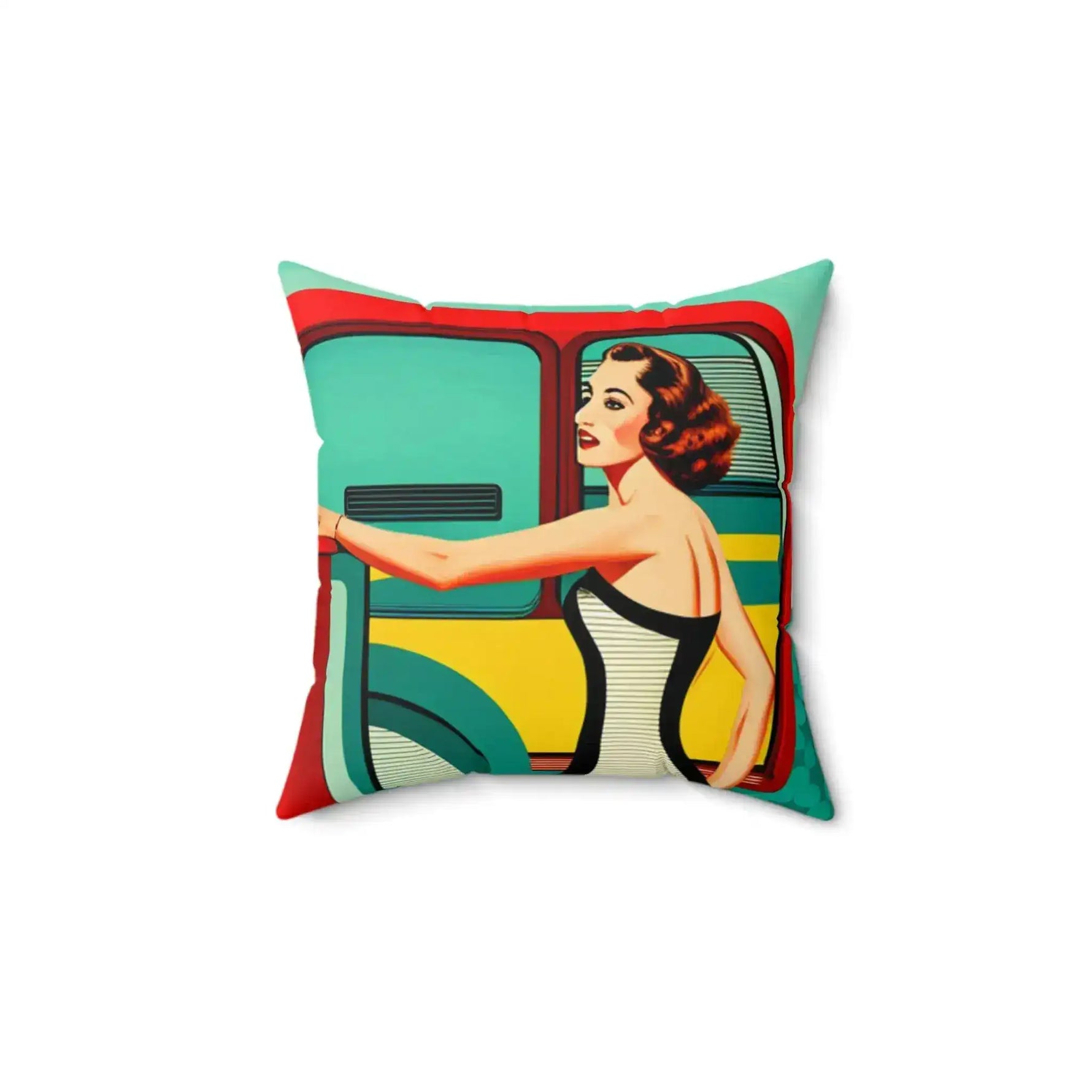 Vintage glamour-themed throw pillow featuring a stylish woman with retro colors and patterns, perfect for adding a touch of elegance to your home decor.
