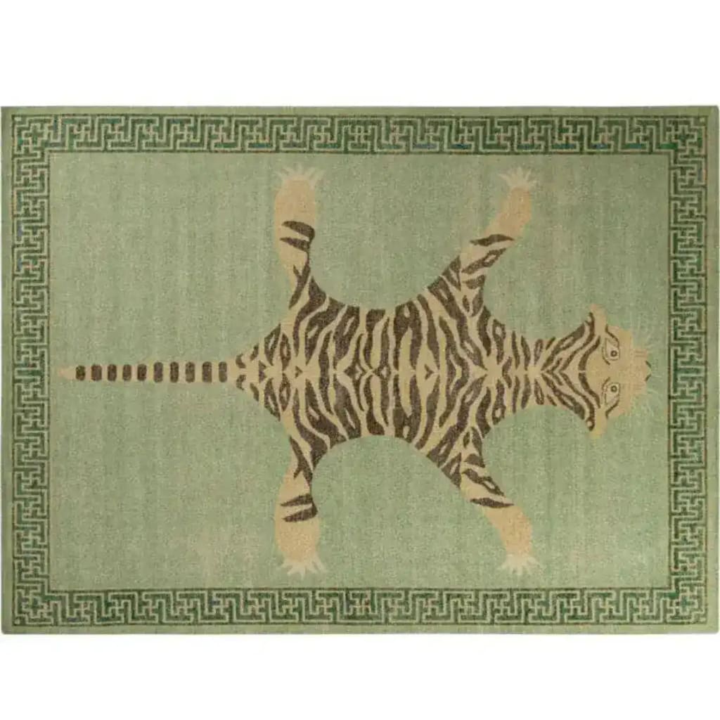 Vintage green hand-knotted wool rug featuring an abstract tiger design, perfect for adding a unique touch to bedroom or office spaces. The intricate patterns make this area rug a standout piece among bedroom area rugs.