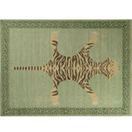 Vintage green hand-knotted wool rug featuring an abstract tiger design, perfect for adding a unique touch to bedroom or office spaces. The intricate patterns make this area rug a standout piece among bedroom area rugs.
