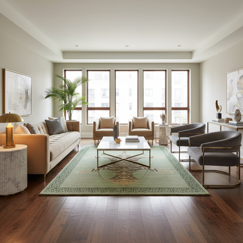 Vintage Green Hand Knotted Tiger Wool Rug