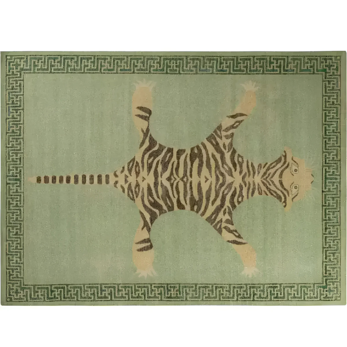 Vintage green hand-knotted wool rug featuring an abstract tiger design, perfect for adding a unique touch to bedroom or office spaces. The intricate patterns make this area rug a standout piece among bedroom area rugs.