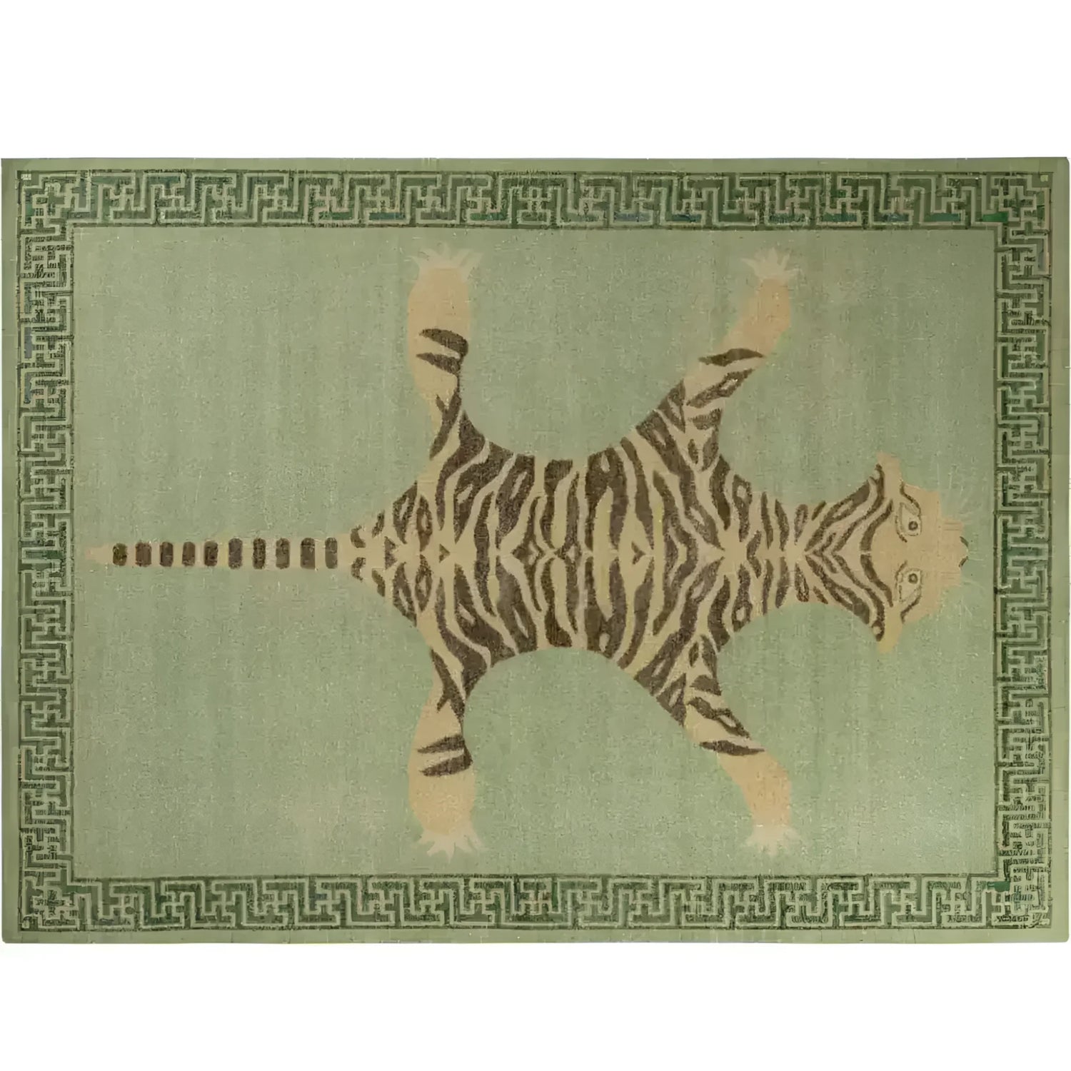 Vintage green hand-knotted wool rug featuring an abstract tiger design, perfect for adding a unique touch to bedroom or office spaces. The intricate patterns make this area rug a standout piece among bedroom area rugs.