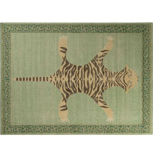Vintage Green Hand Knotted Tiger Wool Rug