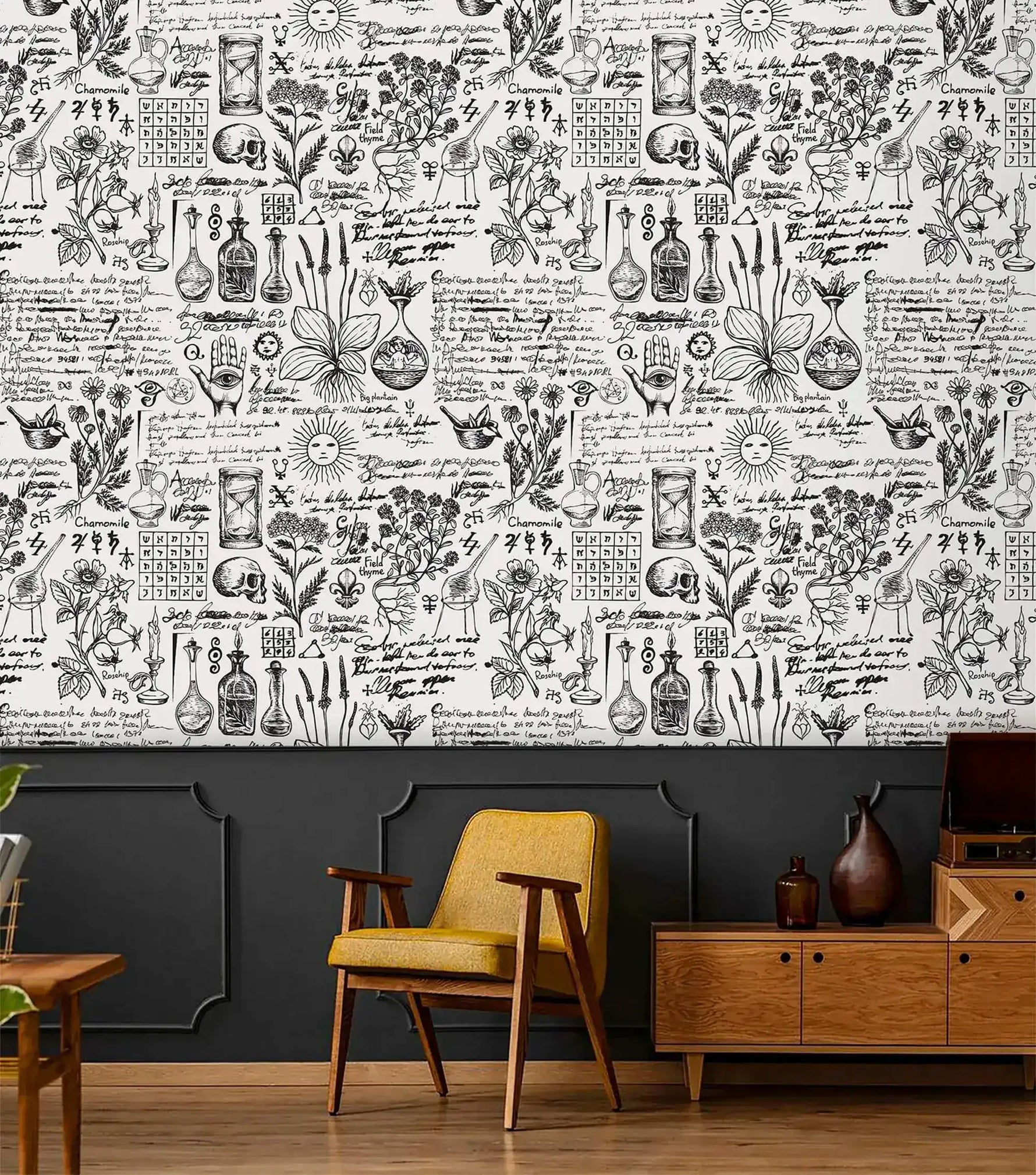 Vintage herbal alchemy wallpaper, black botanical and apothecary sketches on white, with mustard chair