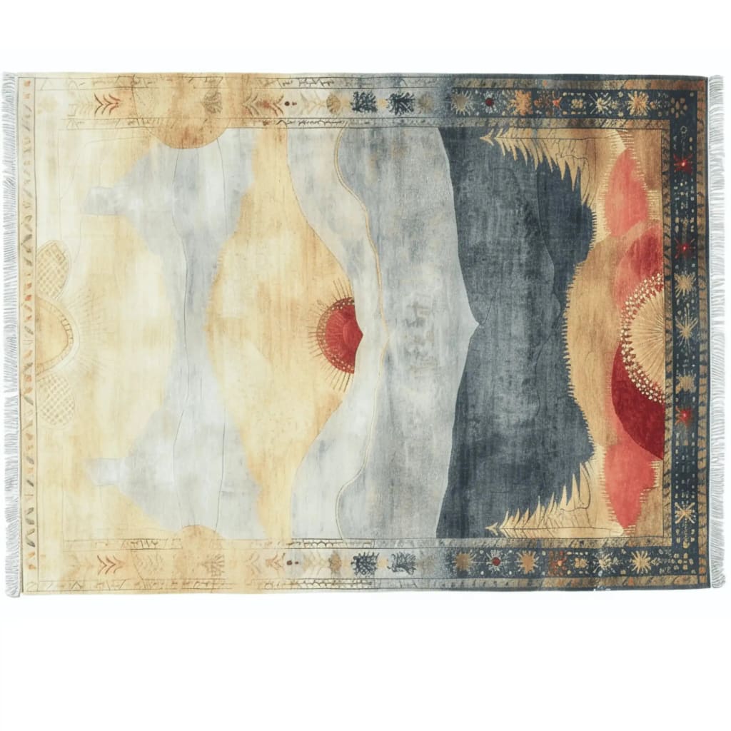 Top view of a Vintage Horizon Hand Tufted Area Rug, showcasing an abstract design with earthy tones and intricate patterns. This wool rug is perfect as a large area rug for the bedroom, adding a touch of elegance to any space. The blend of vintage and contemporary styles makes it an ideal choice for those seeking unique rugs for their bedroom.