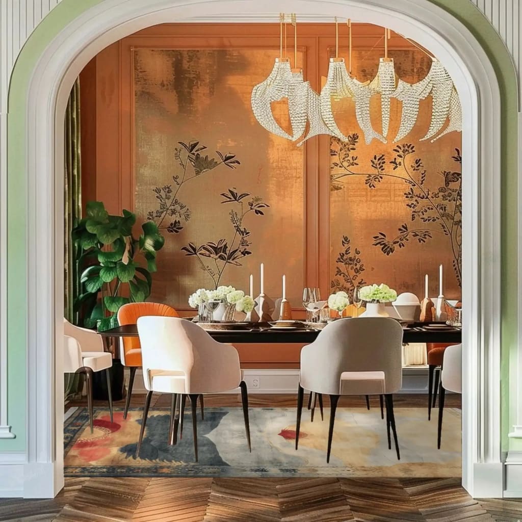 Elegant dining room featuring a vintage Horizon hand-tufted area rug. The wool rug showcases a contemporary abstract design, perfect for large area rugs in the bedroom or dining areas. The room is styled with chic furniture and a warm, inviting ambiance.