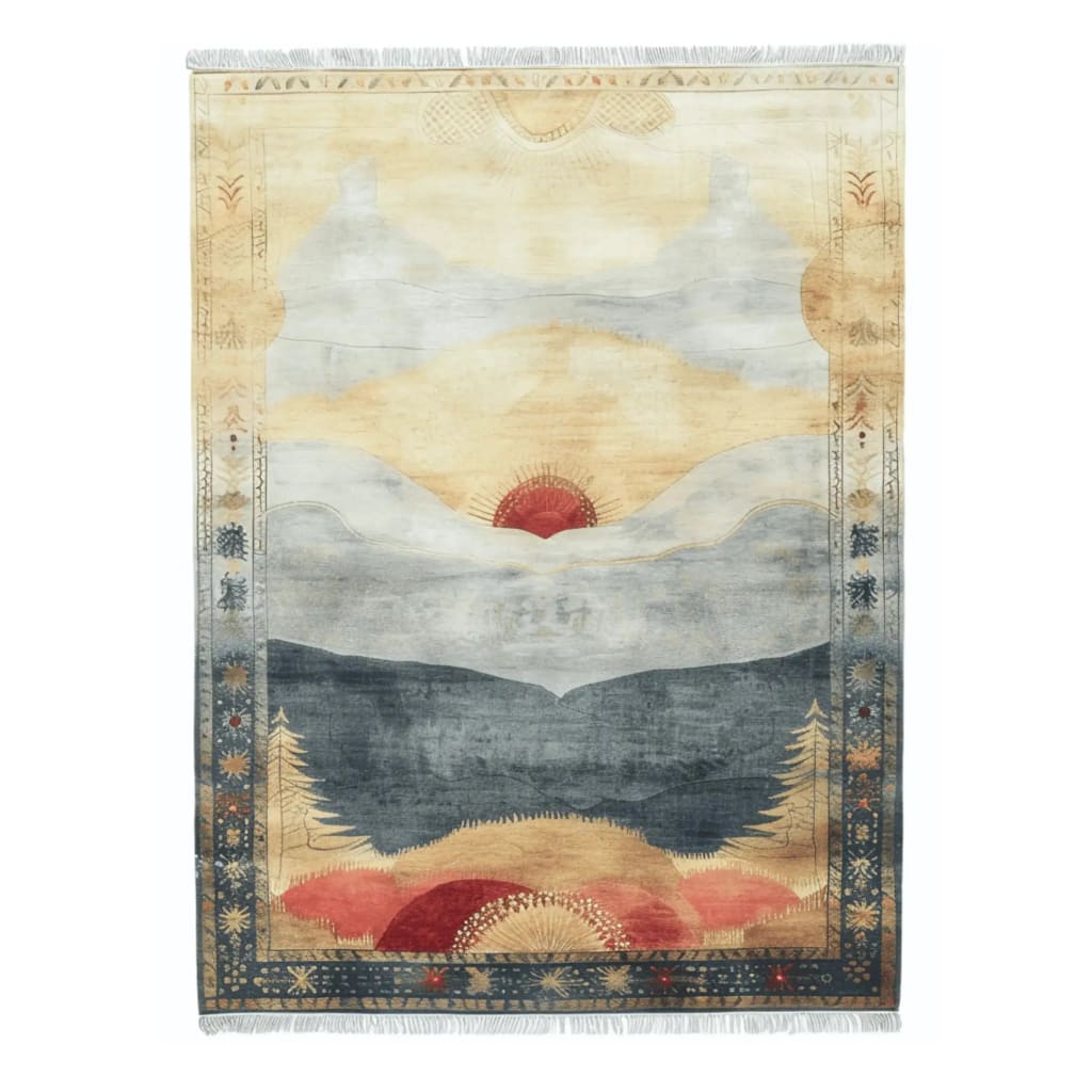 A beautifully crafted Vintage Horizon Hand Tufted Area Rug, showcasing an abstract design with muted tones of blue, beige, and red. This wool rug features intricate patterns resembling a sunrise over mountains, perfect for adding a contemporary touch to a bedroom. Ideal for those seeking large area rugs with a vintage flair, this piece serves as an elegant and cozy addition to rugs for bedroom decor.