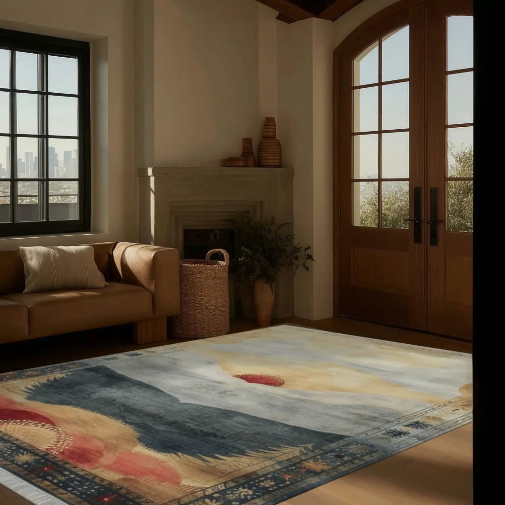 A cozy living room featuring a Vintage Horizon Hand Tufted Area Rug. This wool rug showcases a stunning abstract design with warm and cool tones, perfect for adding a contemporary touch to large area rugs in a bedroom. The scene includes a comfortable sofa, a fireplace, and ample natural light streaming through large windows.