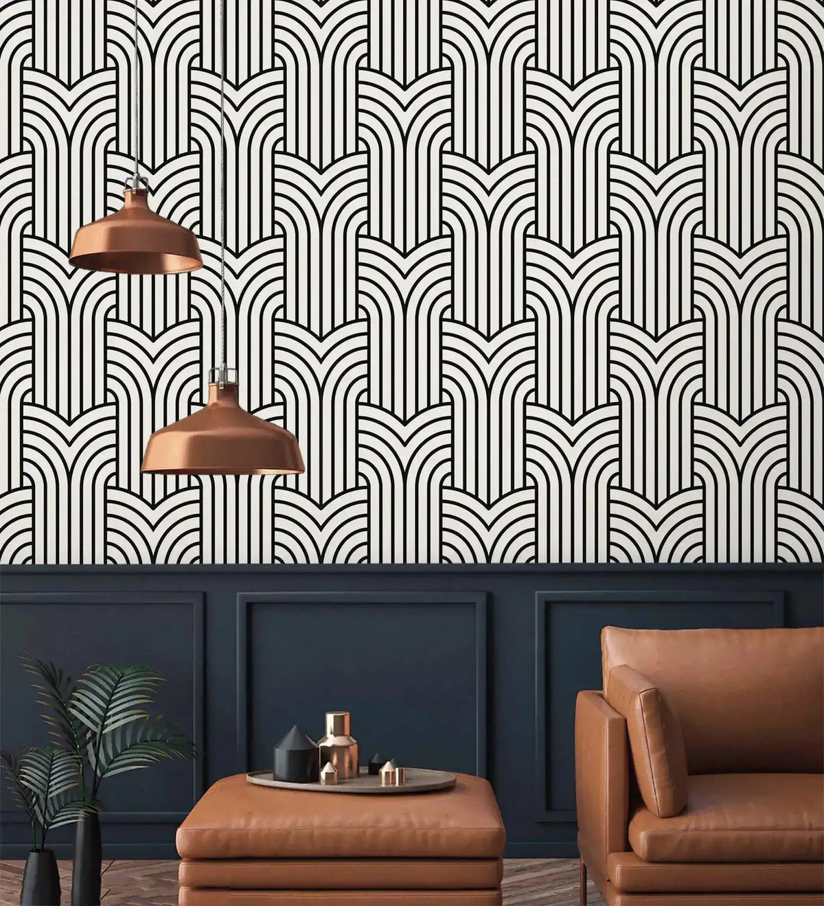 Vintage ornate outline wallpaper over navy paneling with copper pendants, black art deco arches on cream