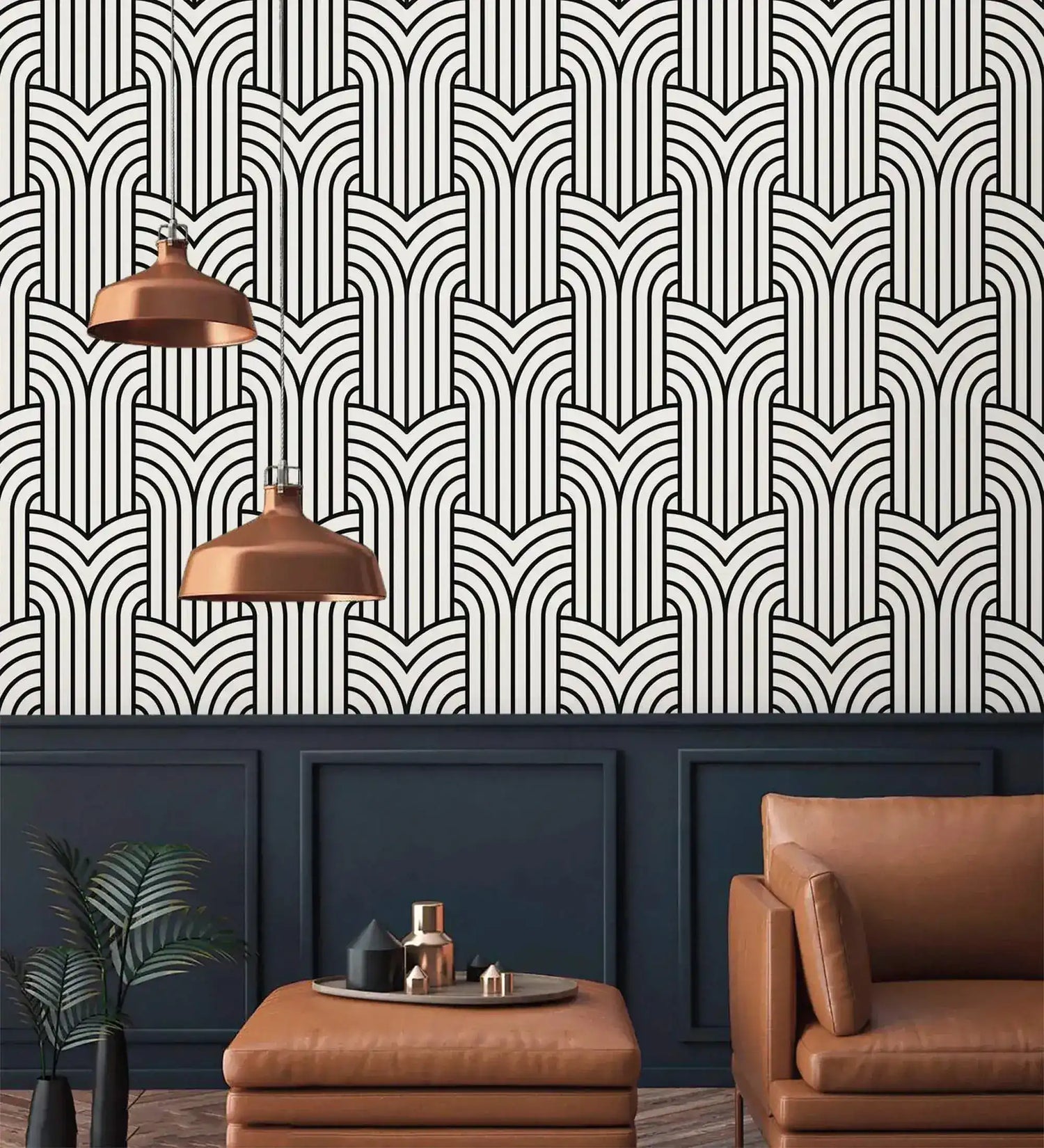 Vintage ornate outline wallpaper over navy paneling with copper pendants, black art deco arches on cream