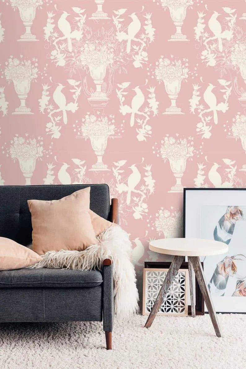 Vintage Pink Chinoiserie with birds Wallpaper