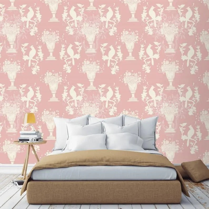 Vintage Pink Chinoiserie with birds Wallpaper