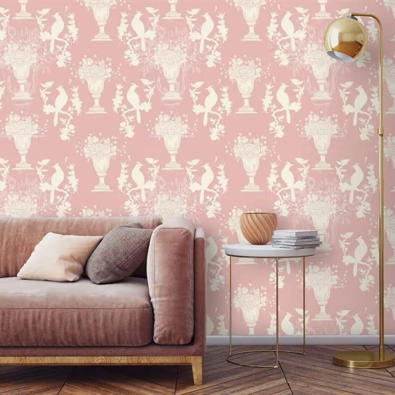 Vintage Pink Chinoiserie with birds Wallpaper