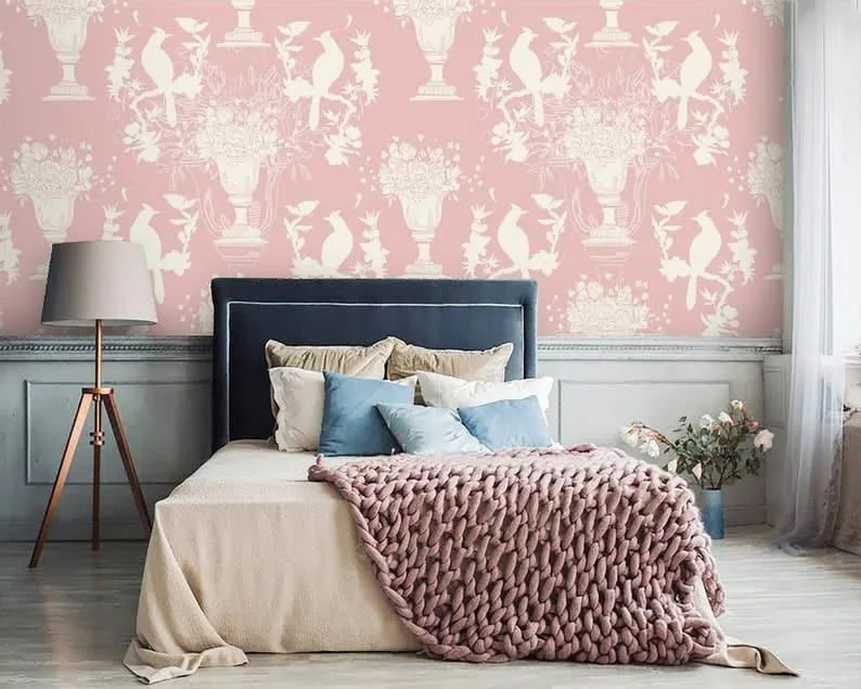 Vintage Pink Chinoiserie with birds Wallpaper