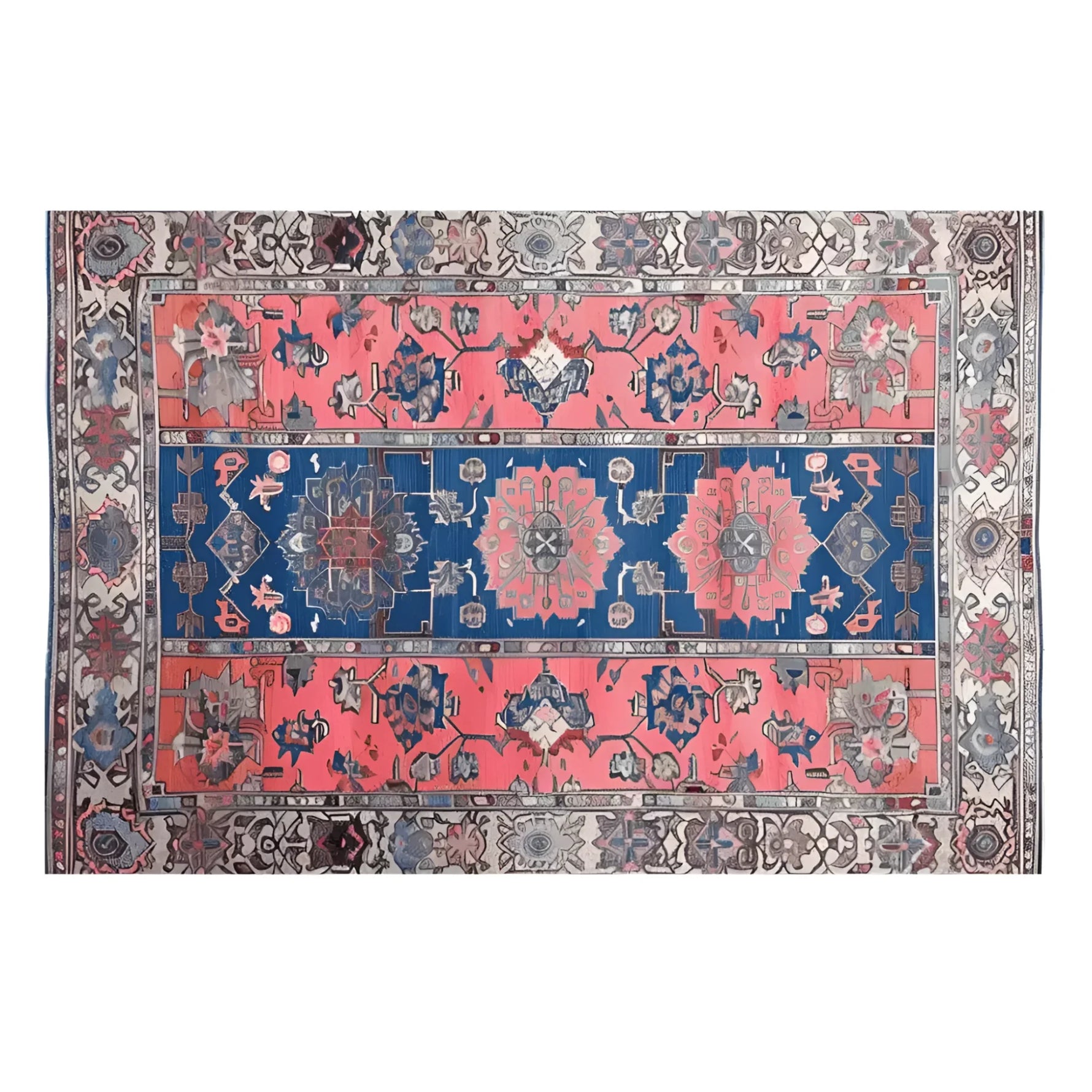 A beautifully crafted Vintage Radiance Hand Knotted Area Rug with intricate Persian-inspired designs in vibrant pink and deep blue tones. Perfect for adding a touch of elegance to any living room, this 8x10 rug captures the essence of classic vintage rugs, making it an ideal choice for those seeking stylish living room rugs.