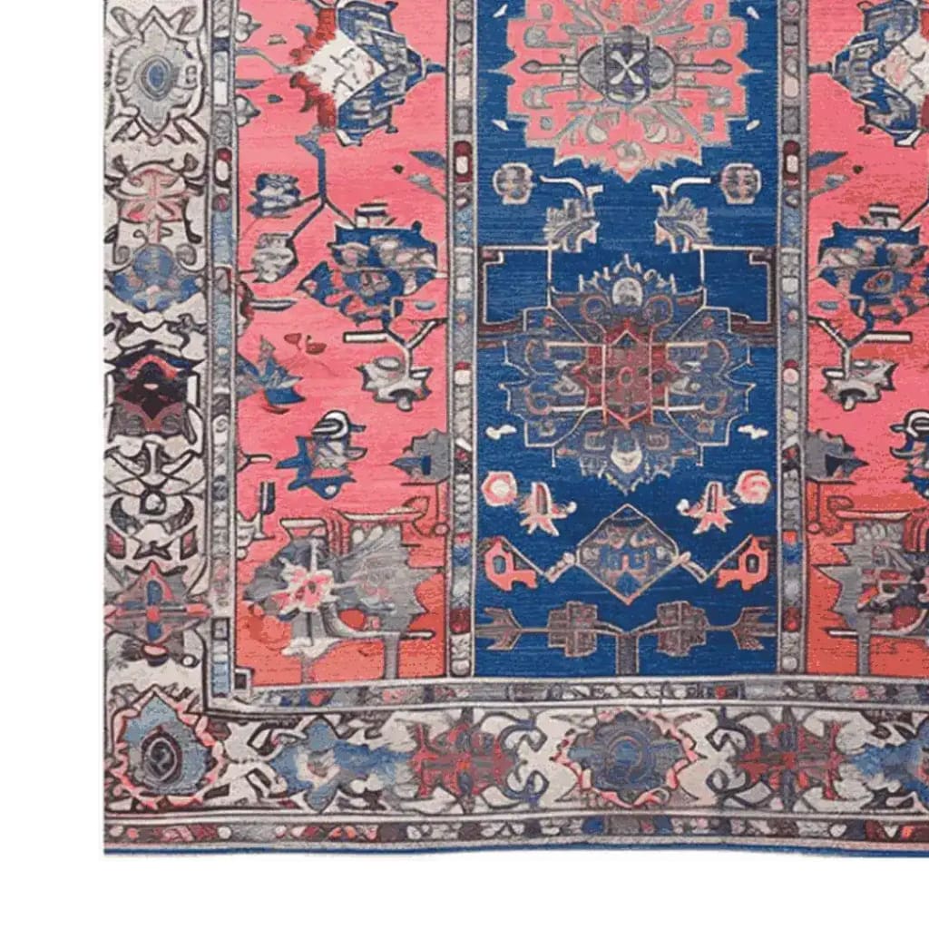 A vibrant Vintage Radiance Hand Knotted Area Rug showcasing a classic Persian design with intricate patterns in shades of blue and pink. Perfect for adding a touch of elegance to living rooms, this 8x10 vintage rug brings timeless style to your home decor.