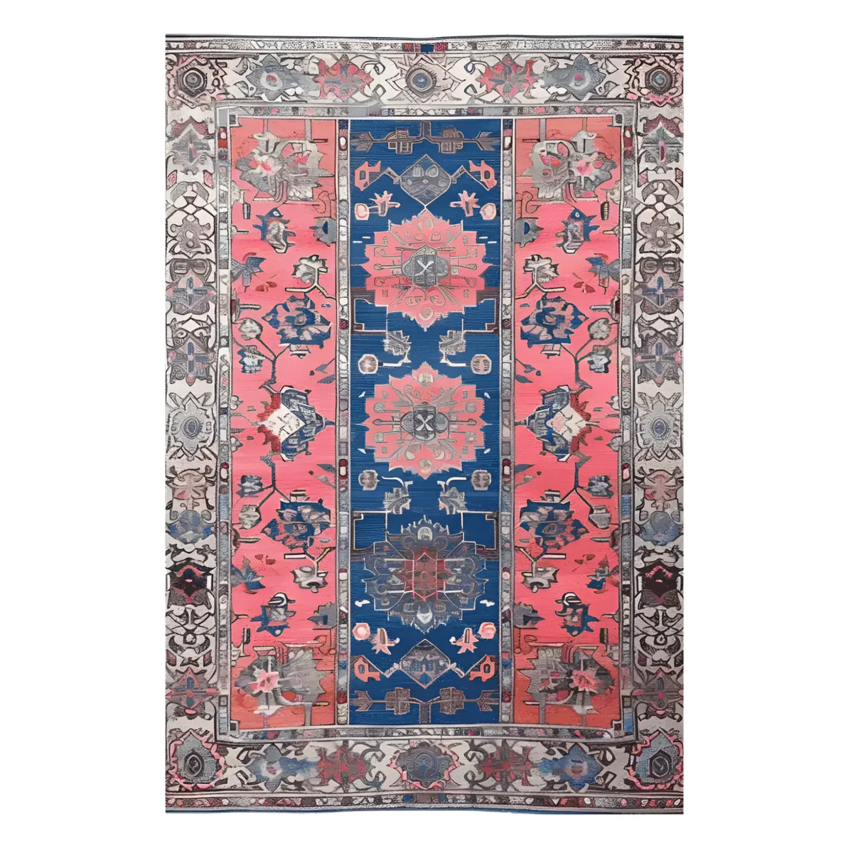 A stunning vintage radiance hand-knotted area rug featuring intricate Persian designs with a vibrant blue and red color palette. Perfect for adding a touch of elegance to living room spaces. Ideal as a living room rug in an 8x10 size, this vintage rug showcases timeless artistry and exquisite craftsmanship.