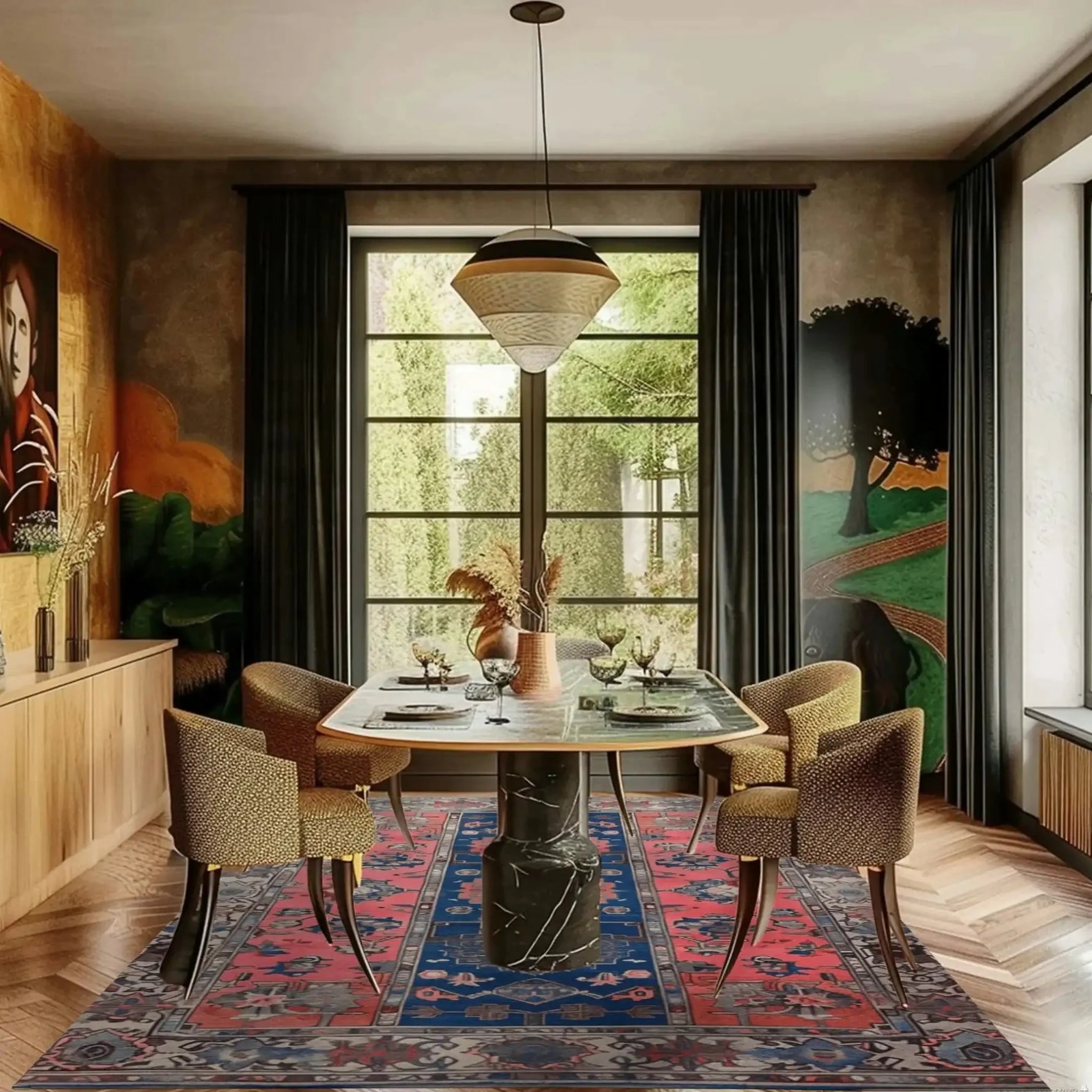 Elegant living room featuring a stunning Vintage Radiance Hand Knotted Area Rug with intricate Persian designs. This 8x10 vintage rug adds a touch of classic beauty to the space, complementing the chic dining setup and artistic wall decor. Perfect as a luxurious centerpiece for rugs in the living room.