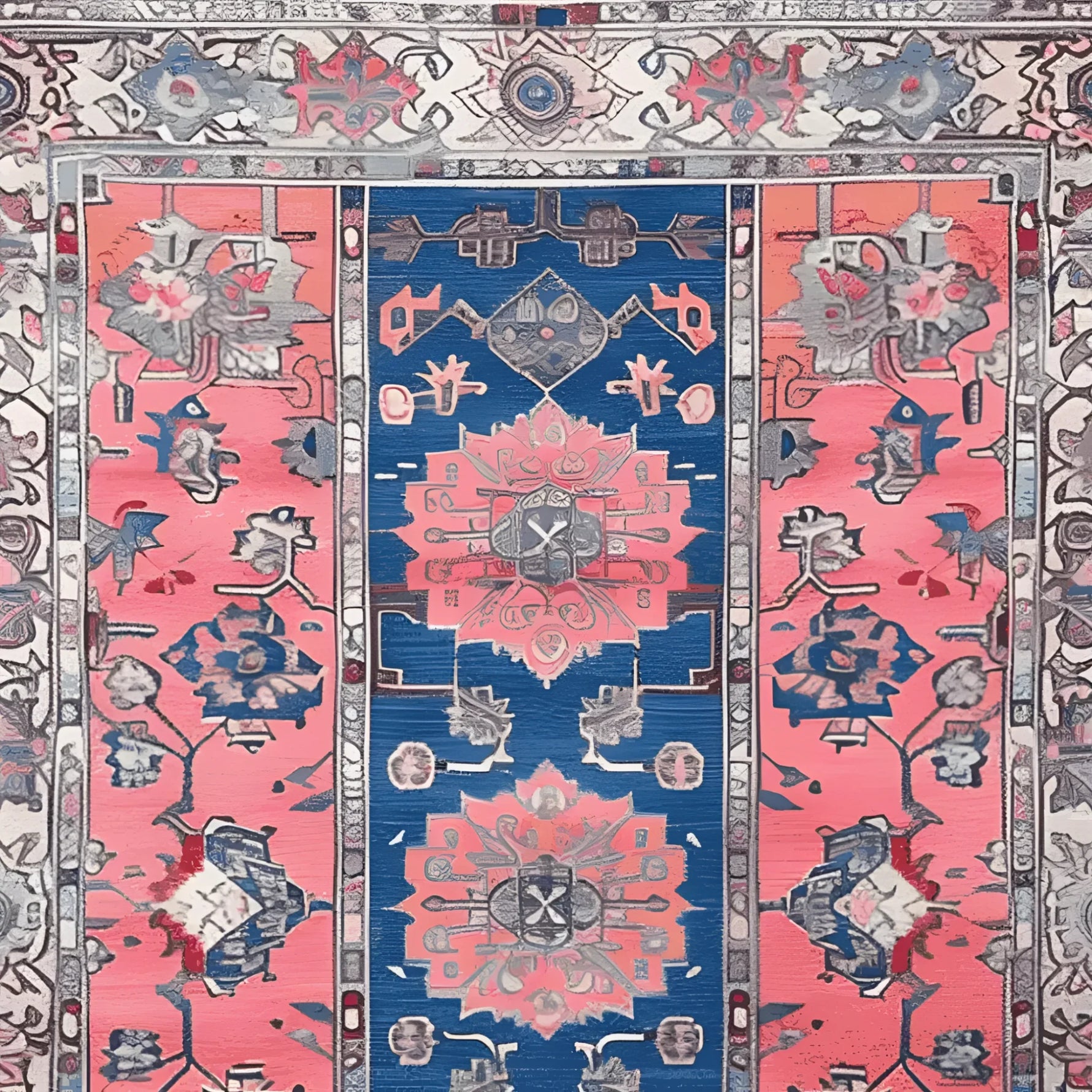 Vibrant Vintage Radiance Hand Knotted Area Rug showcasing intricate Persian designs in bold blue and pink tones. Perfect as a centerpiece for rugs for living room, this vintage rug adds a touch of elegance to any space. Ideal for living room rugs 8x10, its detailed patterns bring an authentic Persian rug feel.
