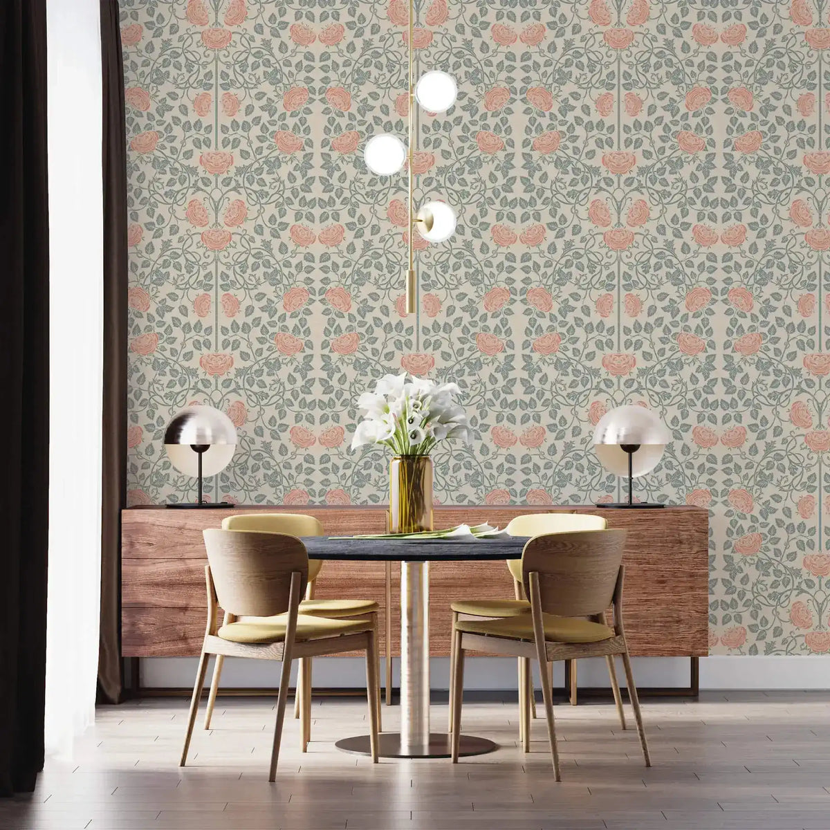 Vintage rose garden wallpaper in dining area, coral roses on sage trellis vines over cream