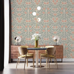 Vintage rose garden wallpaper in dining area, coral roses on sage trellis vines over cream