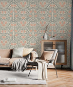 Vintage rose garden wallpaper in living room, coral roses on sage trellis vines over a cream backdrop