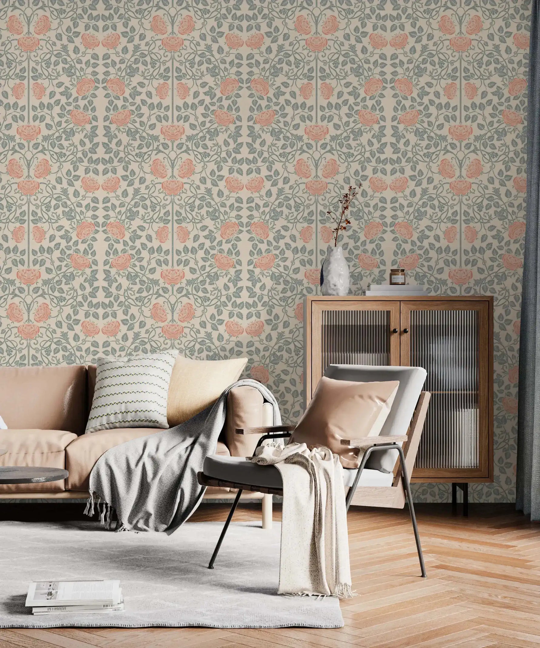 Vintage rose garden wallpaper in living room, coral roses on sage trellis vines over a cream backdrop