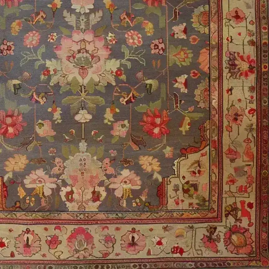 A beautifully detailed Vintage Rose Vine Hand Knotted Area Rug showcasing intricate Persian rug designs with vibrant floral patterns. Ideal for adding elegance to living room spaces, this 8x10 vintage rug features a rich tapestry of roses and vines, perfect as a living room area rug.