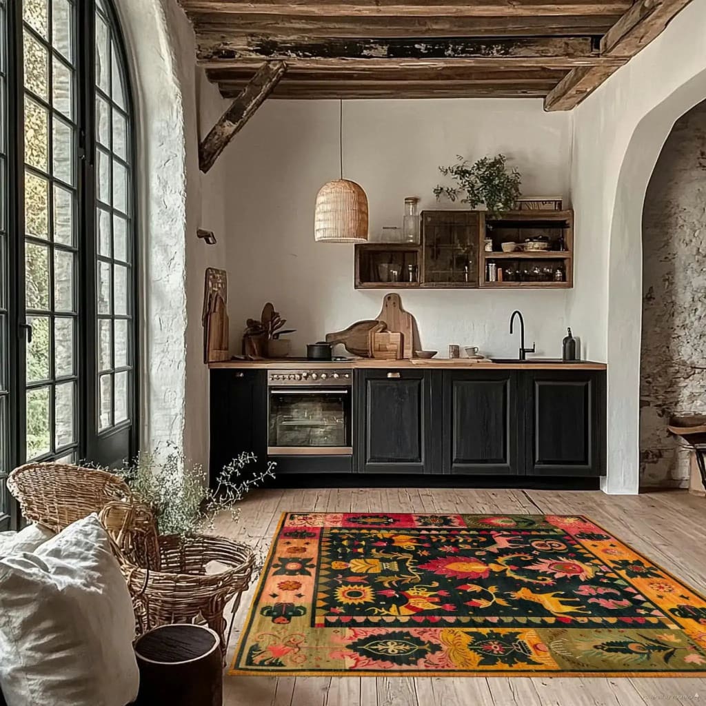 A beautifully hand-knotted vintage Swedish tapestry wool area rug adds a cozy and artistic touch to a rustic living room. The square rug features an intricate and colorful design, perfectly complementing the wooden floors and natural decor. Ideal for those seeking large area rugs for living room spaces.