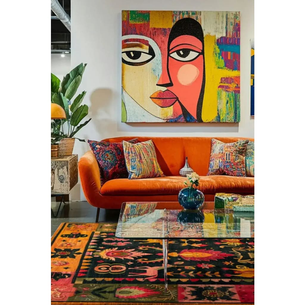 A vibrant living room featuring a Vintage Swedish Tapestry Wool Hand Knotted Area Rug. The square rug, rich with intricate patterns and bold colors, complements a modern orange sofa adorned with colorful pillows. A glass coffee table sits atop the large area rug, adding elegance to the living room decor.
