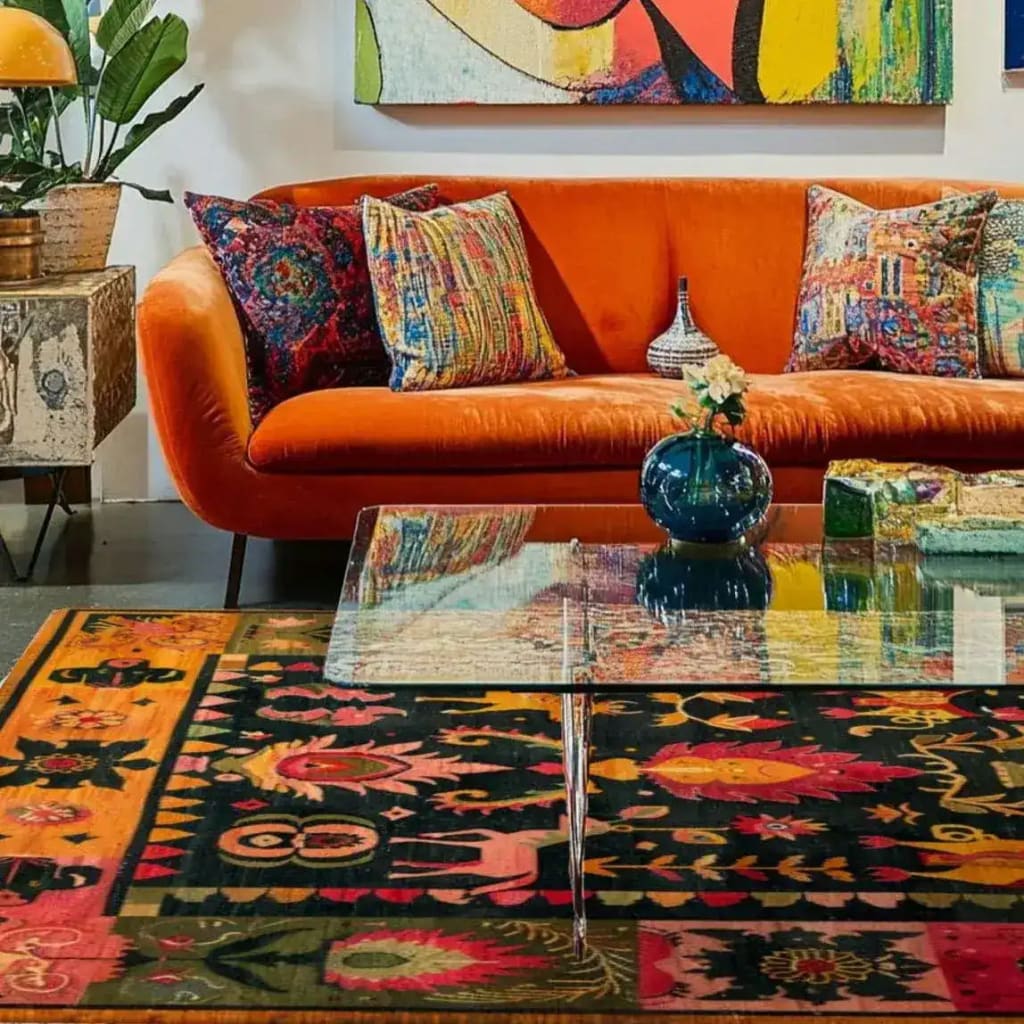 A vibrant living room featuring a Vintage Swedish Tapestry Wool Hand Knotted Area Rug with colorful abstract patterns. The wool rug adds warmth to the space, complementing the orange sofa and eclectic pillows. This large area rug is perfect for a cozy and stylish living room setup.