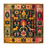 A vibrant, vintage Swedish tapestry wool area rug with intricate patterns and colorful motifs, perfect for adding character to a living room. This large square area rug features a variety of traditional designs in rich hues, making it an eye-catching centerpiece in any living room setting.